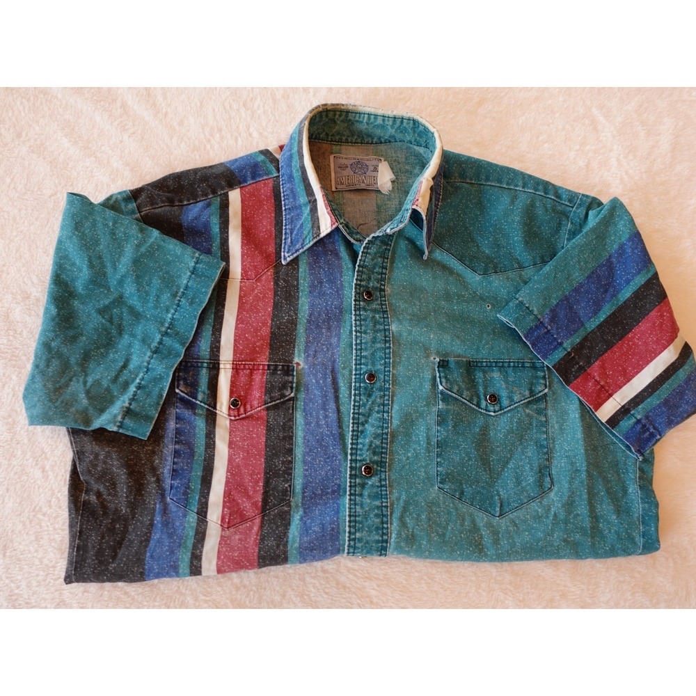 90s VINTAGE American Hero Short Sleeve Pearl Snap Shirt Medium Green Red Striped - Picture 2 of 10